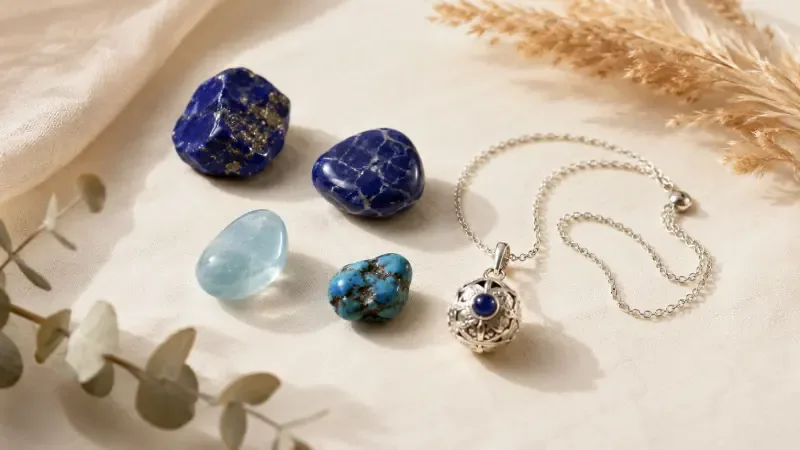 Lapis lazuli and blue stones next to a silver harmony ball necklace